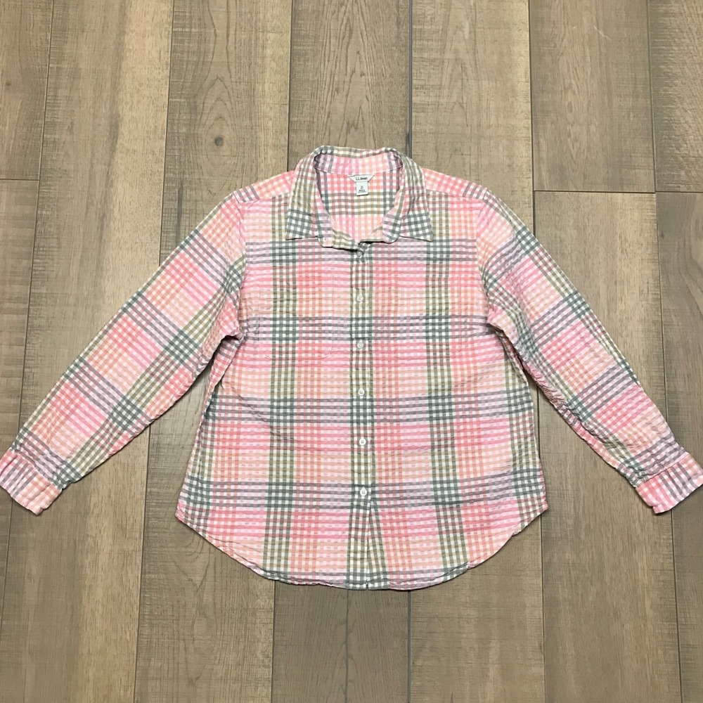 L.L. Bean Shirt‎ Womens Size PM Pink Button Up Seersucker Plaid Spring Cotton